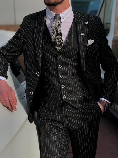 Deswesh Slim-Fit Striped Suit Vest Black | BOJONI