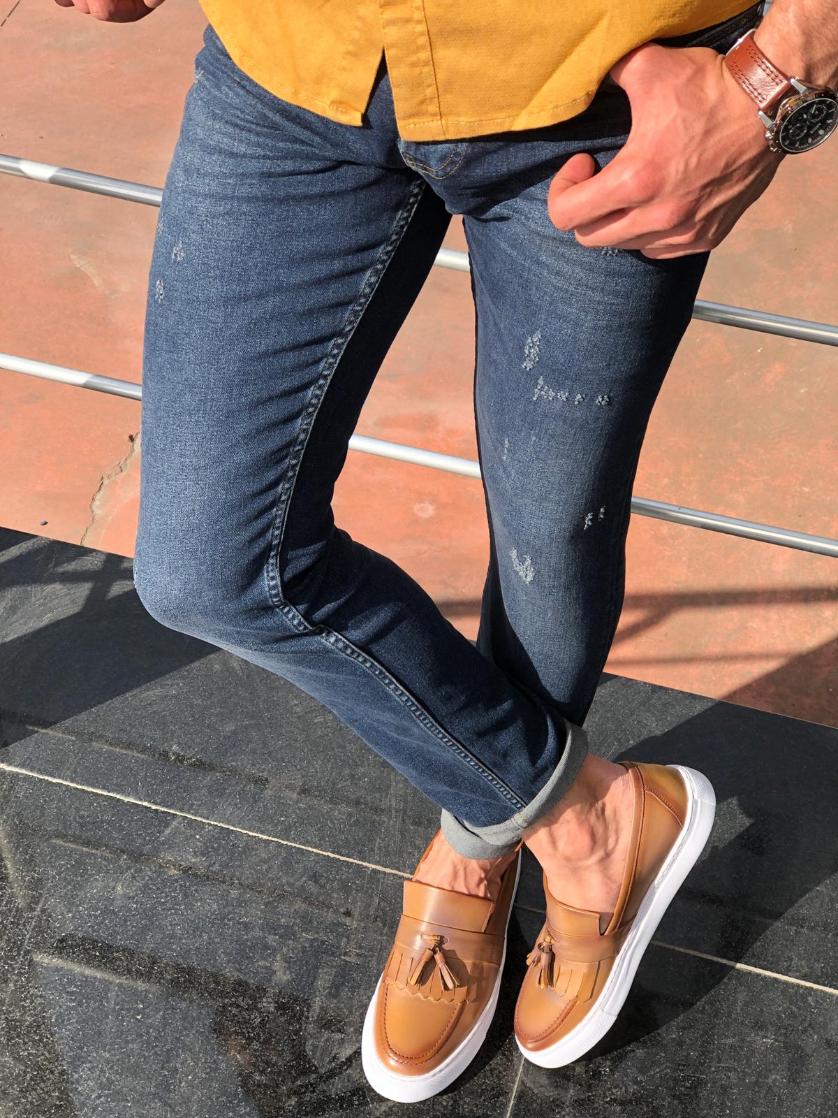 Slim-Fit Ripped Jeans Navy Blue-baagr.myshopify.com-Pants-BOJONI