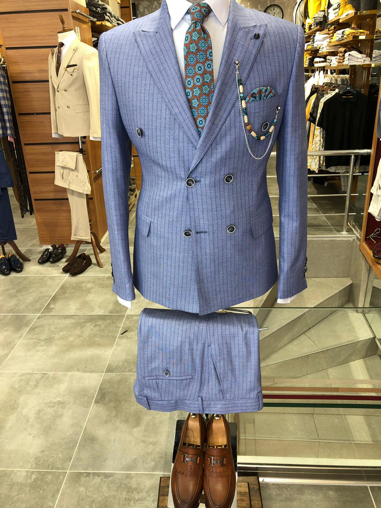 Slim-Fit Striped Double Breasted Suit Blue | BOJONI