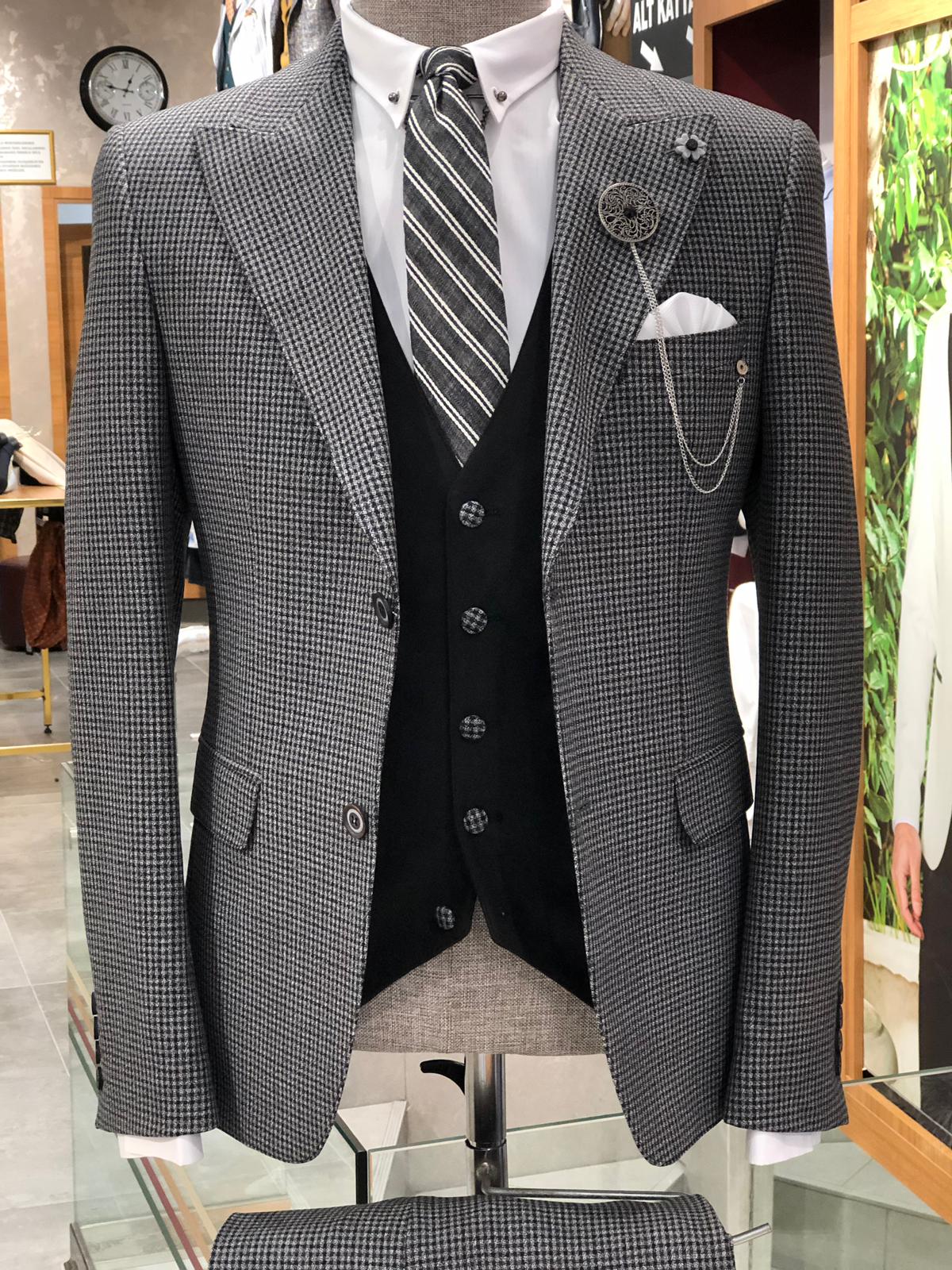 Baha Slim-Fit Patterned Suit Vest Black | BOJONI