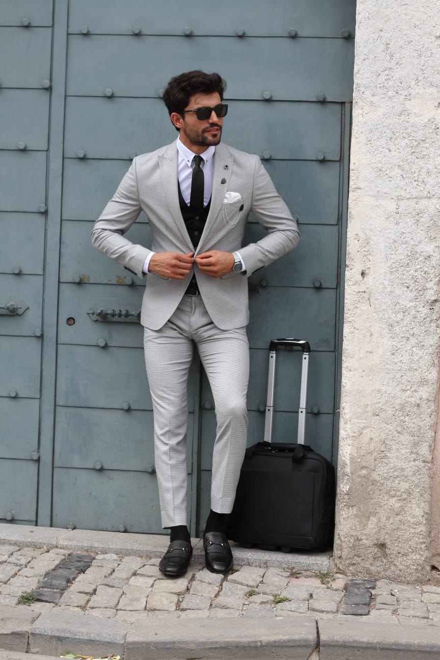 Bojo Slim-Fit Patterned Suit Grey ( BIG SIZES )-baagr.myshopify.com-suit-BOJONI