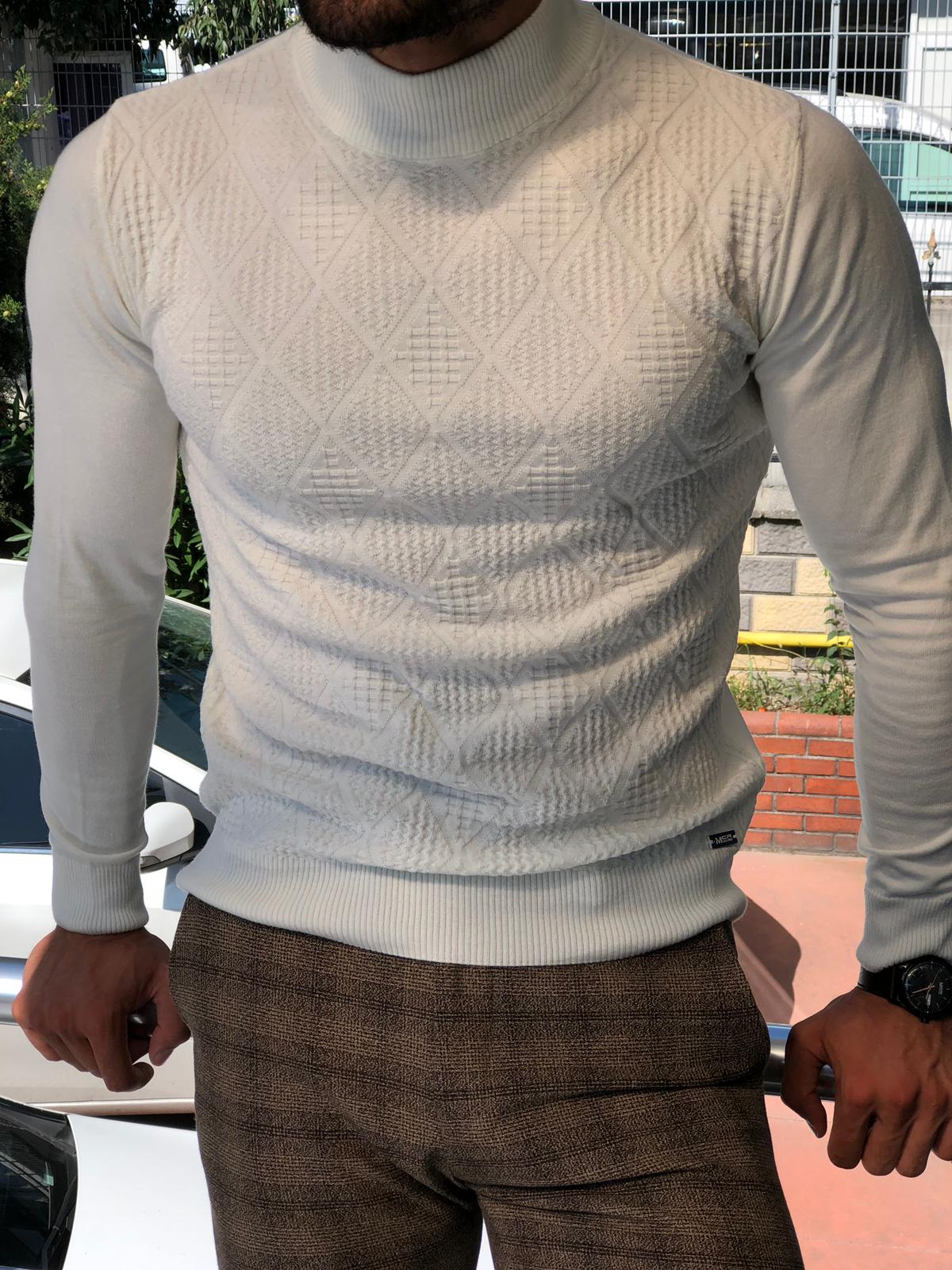 Slim-Fit Patterned Turtleneck Knitwear Ecru-baagr.myshopify.com-sweatshirts-BOJONI