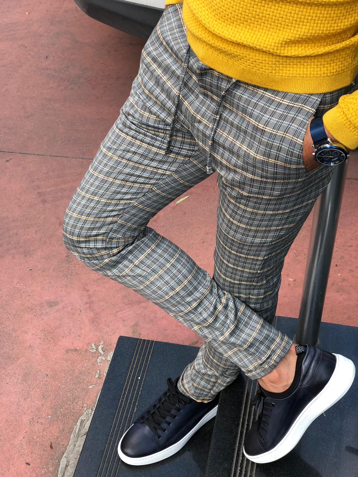 Cris Slim fit Plaid Pants Grey Mustard BOJONI
