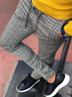 Load image into Gallery viewer, Cris Slim-fit Plaid Pants Grey &amp; Mustard-baagr.myshopify.com-Pants-BOJONI

