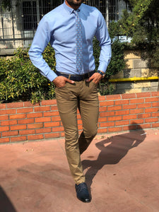 Brown chino top blue shirt