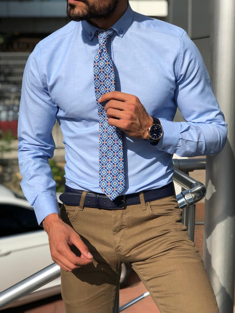 Slim-Fit Button Collar Shirt Blue | BOJONI