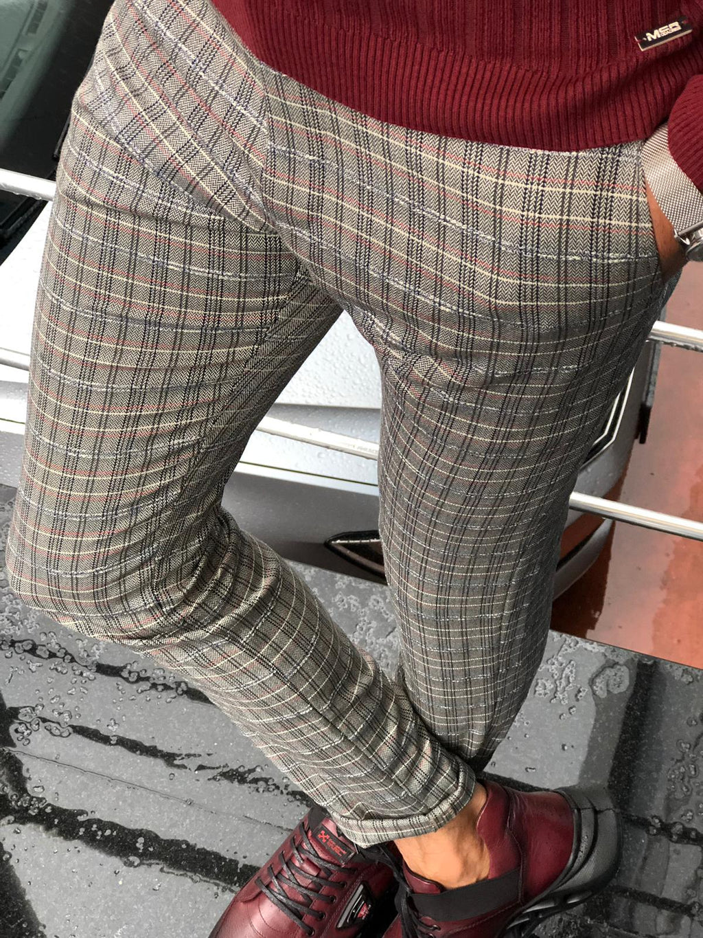 Major Slim-Fit Plaid Pants Gray-baagr.myshopify.com-Pants-BOJONI