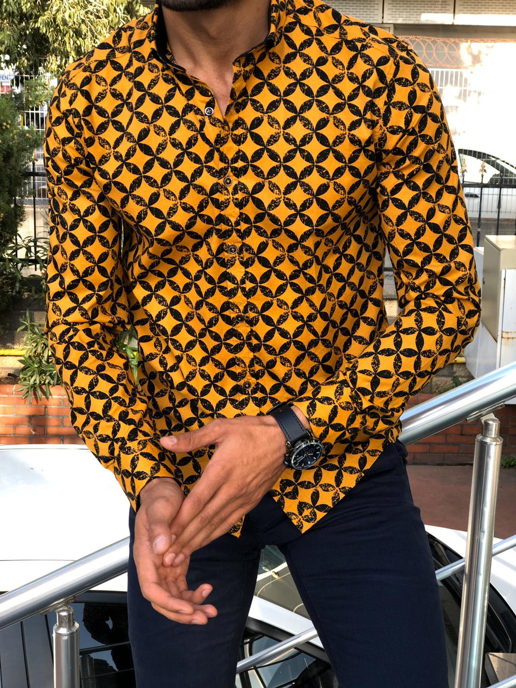 Bumb Slim-Fit Patterned Shirt Yellow-baagr.myshopify.com-Shirt-BOJONI