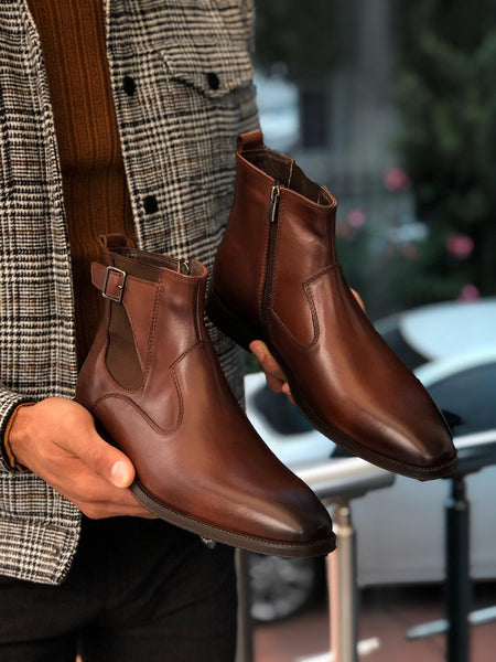 Chelsea Buckle Detail With Classic Leather Boots Brown | BOJONI