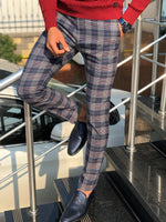 Load image into Gallery viewer, Lipos Slim-Fit Plaid Fabric Pants Navy Blue-baagr.myshopify.com-Pants-BOJONI
