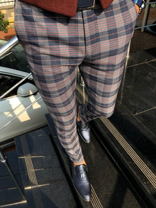 Lipos Slim-Fit Plaid Fabric Pants Navy Blue-baagr.myshopify.com-Pants-BOJONI