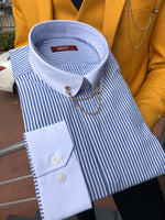 Load image into Gallery viewer, Slim-Fit Striped Chain Collar Shirt Blue-baagr.myshopify.com-Shirt-BOJONI
