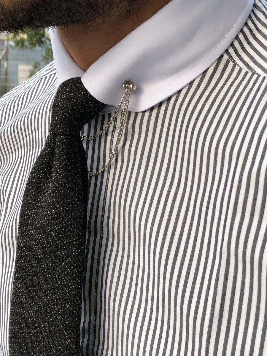 Slim-Fit Striped Chain Collar Shirt Black | BOJONI