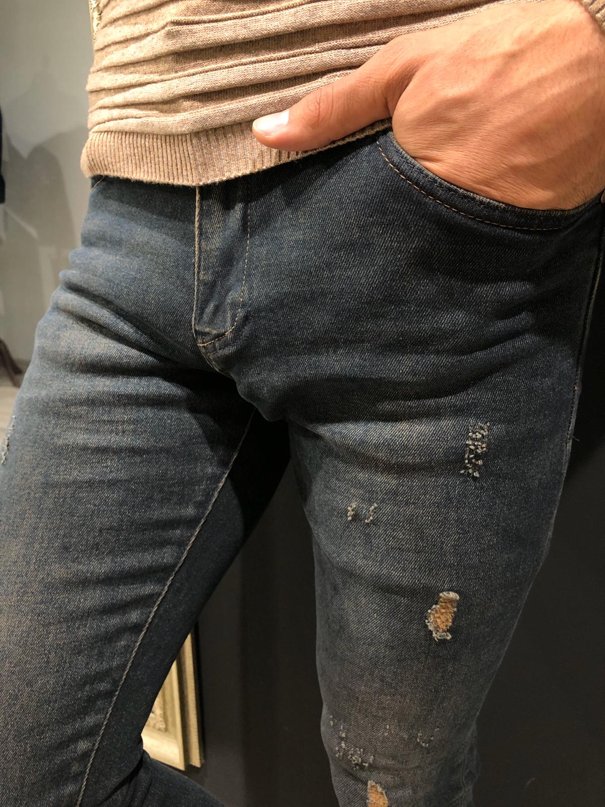 Slim-Fit Ripped Jeans Khaki | BOJONI