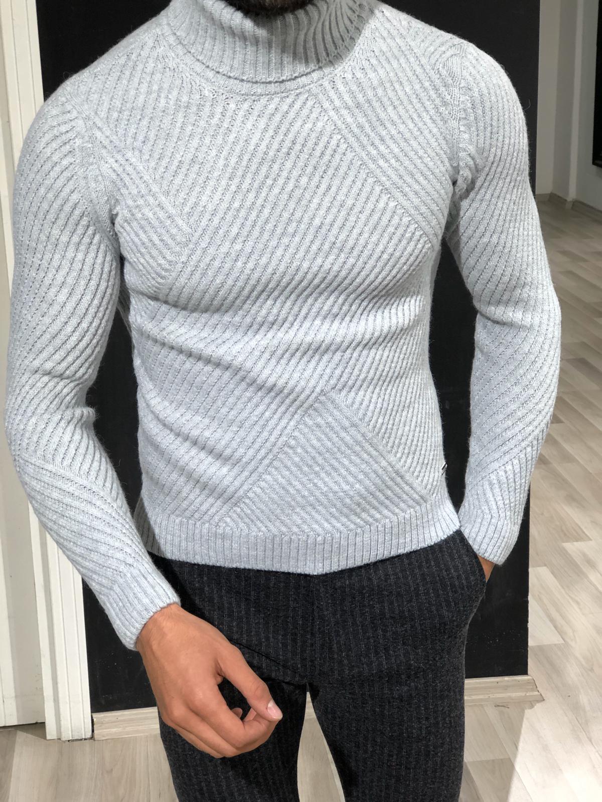 Gray Slim Fit Patterned Monk Turtleneck Sweater for Men