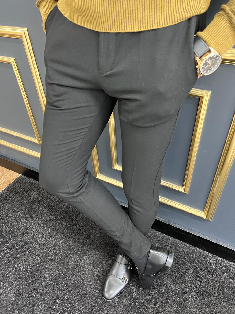 Thread Slim Fit Rope Detailed Black Trousers