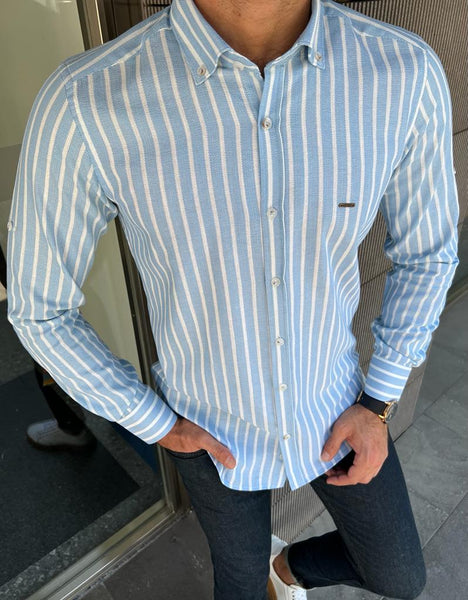 Giovanni Mannelli Slim fit Blue Striped Long Sleeve Shirt | BOJONI