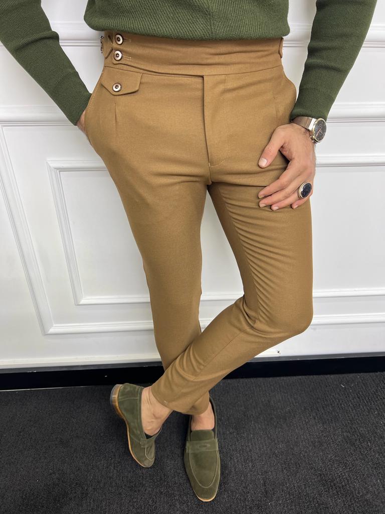 Thread Slim Fit Double Pleated Camel Trousers | BOJONI
