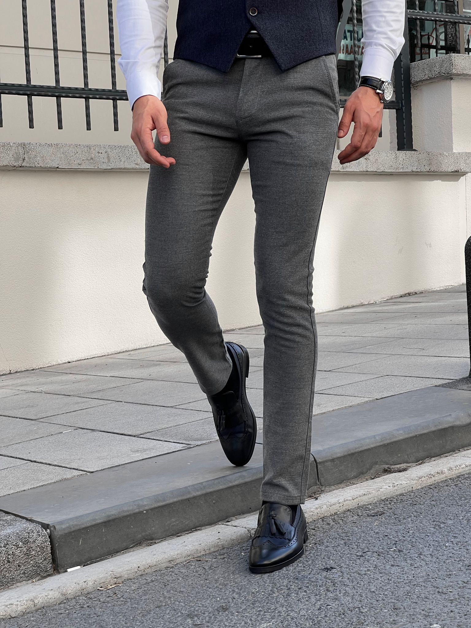 Bojoni Astoria Slim Fit High Quality Grey Patterned Skinny Pants
