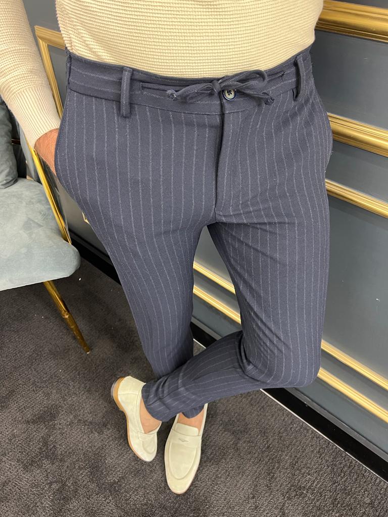 Thread Slim Fit Rope Detailed Dark Blue Stripe Trousers | BOJONI