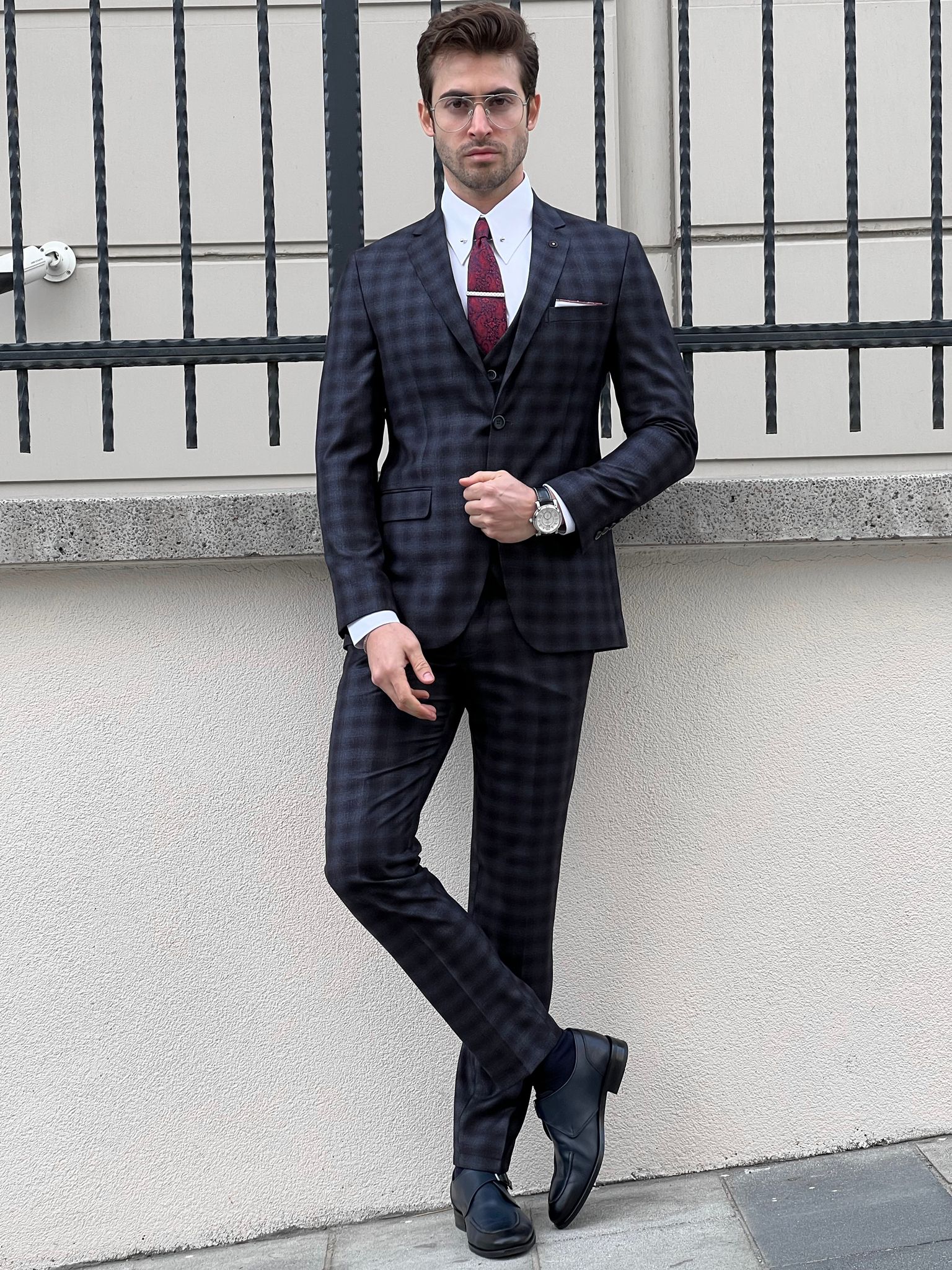 Louis Slim Fit Black & Navy Business Plaid Suit