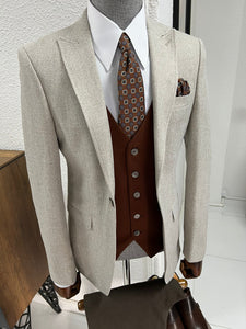 Louis Slim Fit Pointed Collared Beige Combination Suit