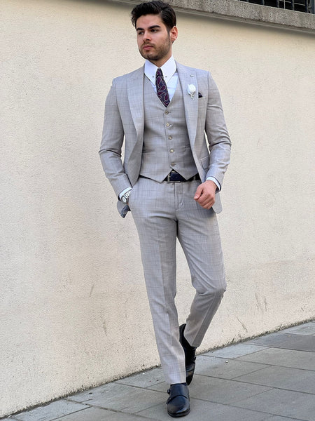Bojoni Montebello Slim Fit High Quality Plaid Wool Grey Suit | BOJONI