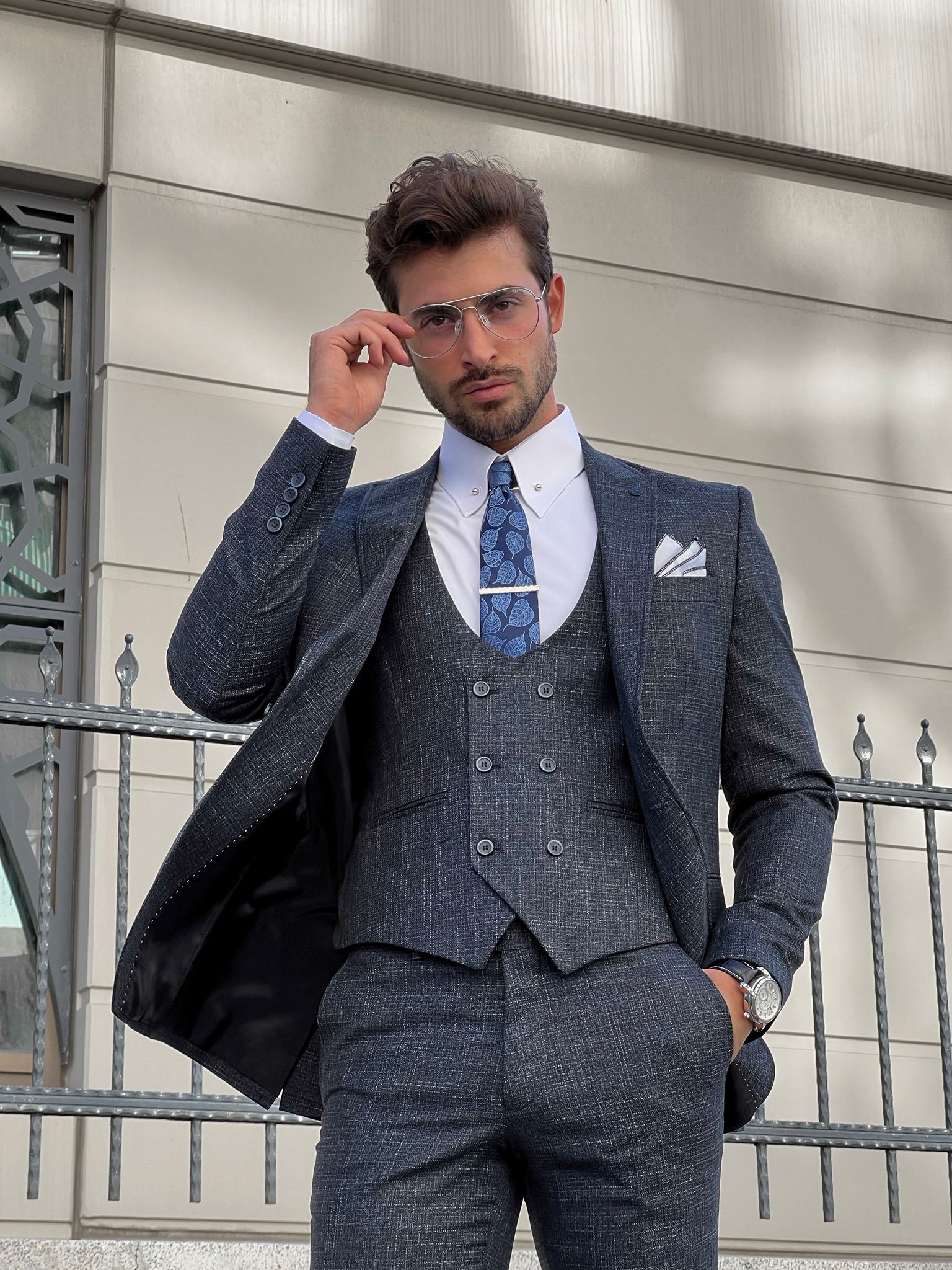 Bojoni Astoria Slim Fit Patterned Pointed Collared Blue Suit