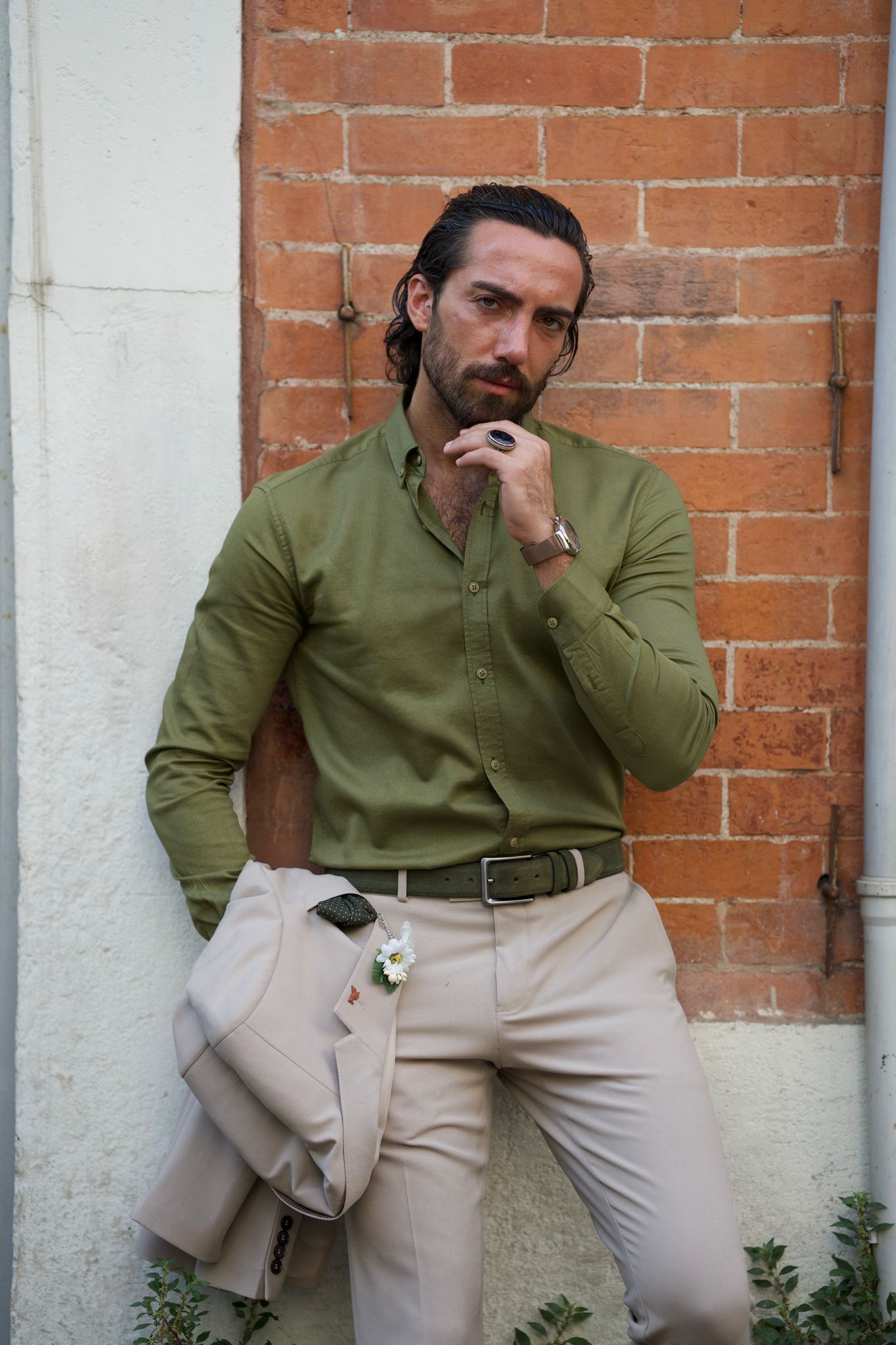 Bojoni Uluwatu Slim Fit Khaki Italian Collar Shirt | BOJONI