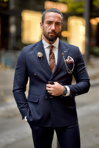 Bojoni Shagori Slim Fit Double Breasted Blue Detailed Suit | BOJONI