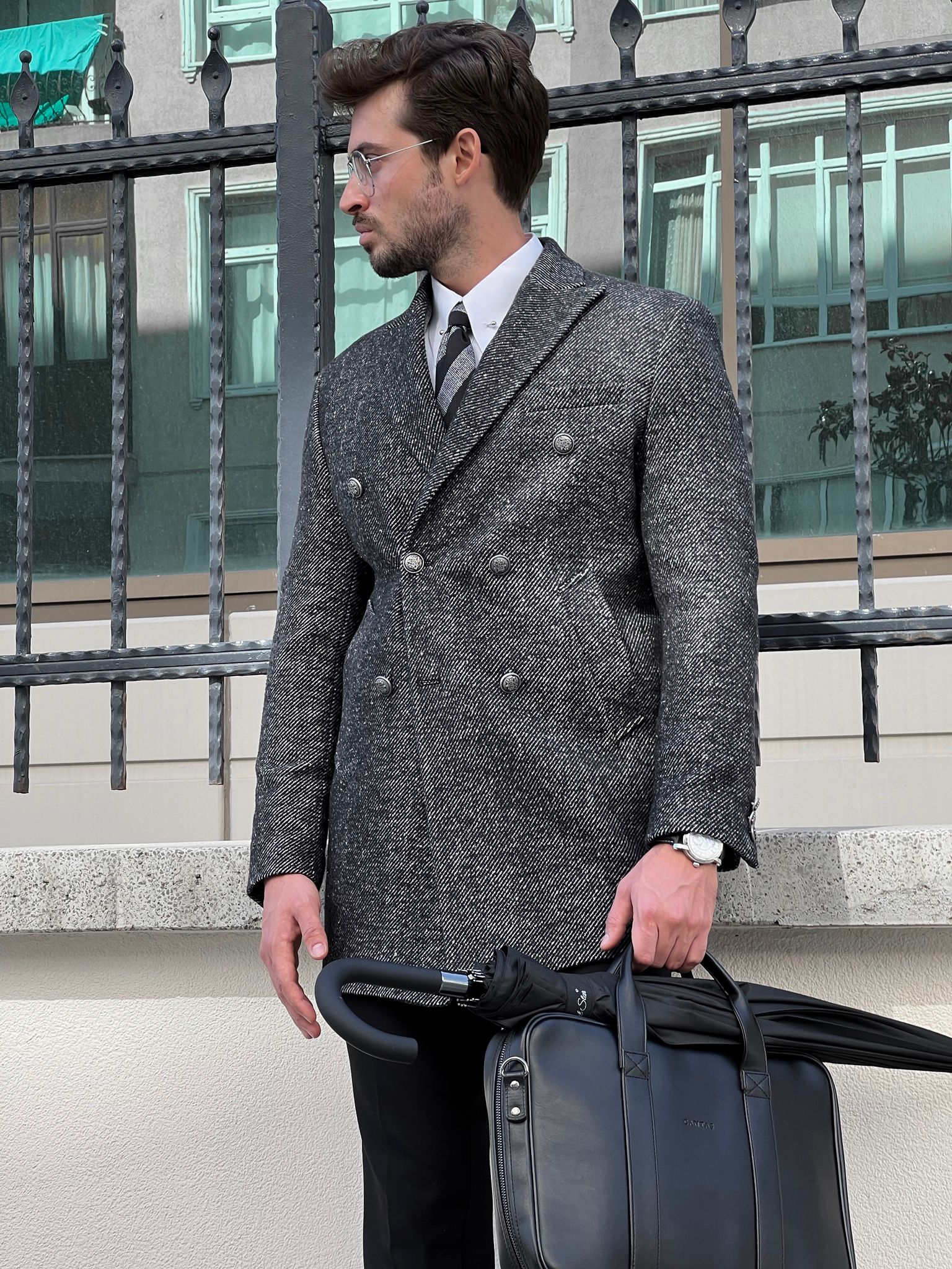 Bojoni Astoria Fit Double Breasted Woolen Marbled Black Coat