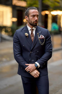 Bojoni Shagori Slim Fit Double Breasted Blue Detailed Suit