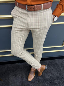 Bojoni Uluwatu Slim Fit Beige Plaid Trousers