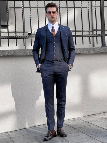 Louis Slim Fit Plaid Navy Business Suit | BOJONI