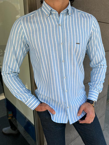 Giovanni Mannelli Slim fit Blue Striped Long Sleeve Shirt | BOJONI