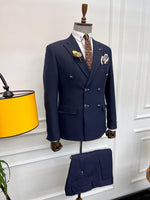 Load image into Gallery viewer, Rick Slim Fit Special Design Double Breasted Blue Detailed Suit
