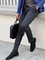 Load image into Gallery viewer, Bojoni Astoria Slim Fit Navy Blue Plaid Woolen Pants
