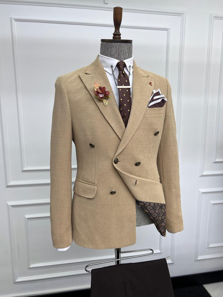 Howard Slim Fit Special Design Double Breasted Beige Jacket | BOJONI