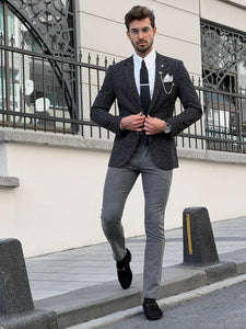 Bojoni Astoria Slim Fit High Quality Mono Collar Knitted Black Blazer