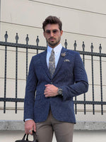 Load image into Gallery viewer, Bojoni Astoria Slim Fit High Quality Mono Collar Knitted Indigo Blazer
