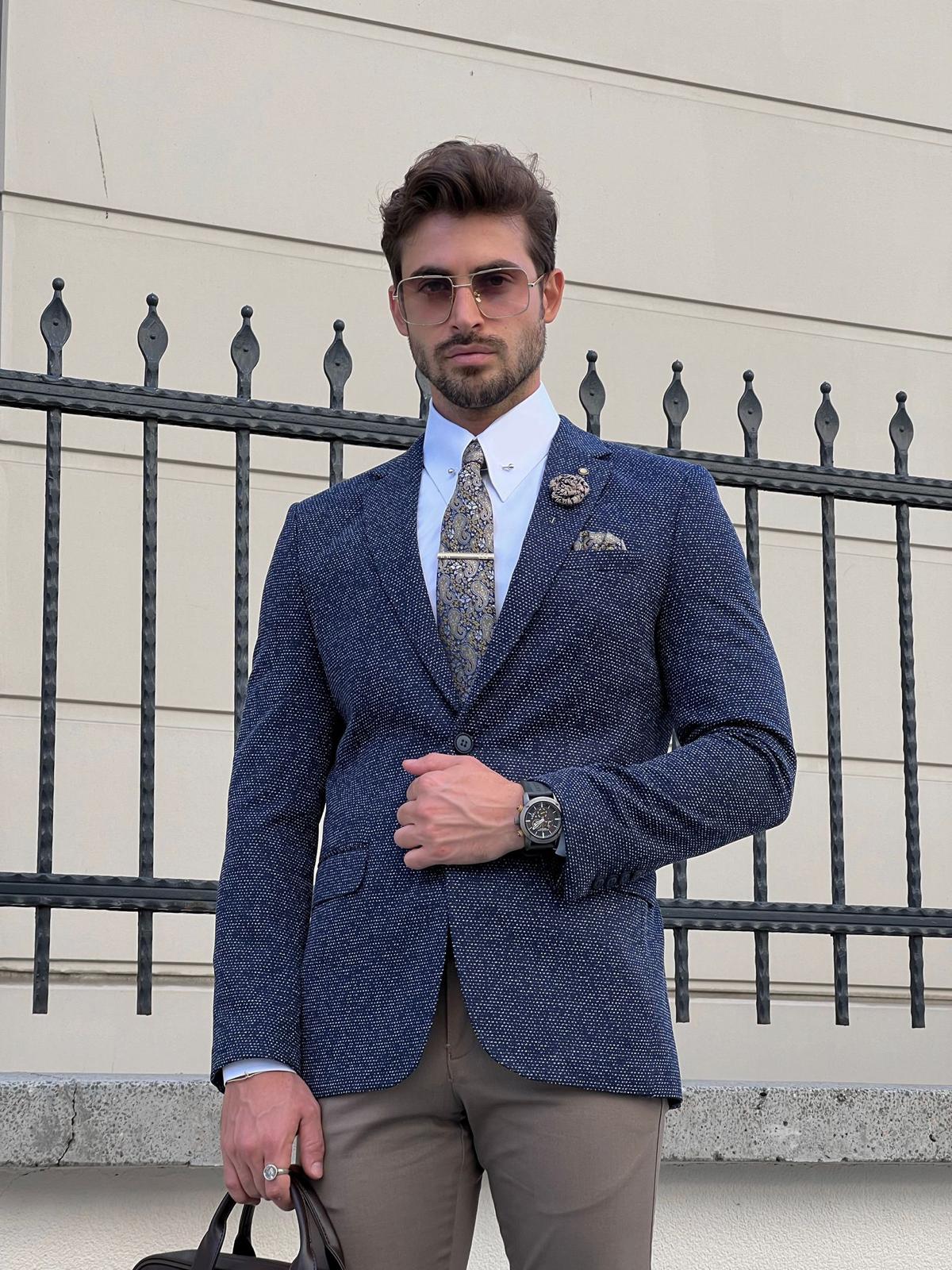 Bojoni Astoria Slim Fit High Quality Mono Collar Knitted Indigo Blazer