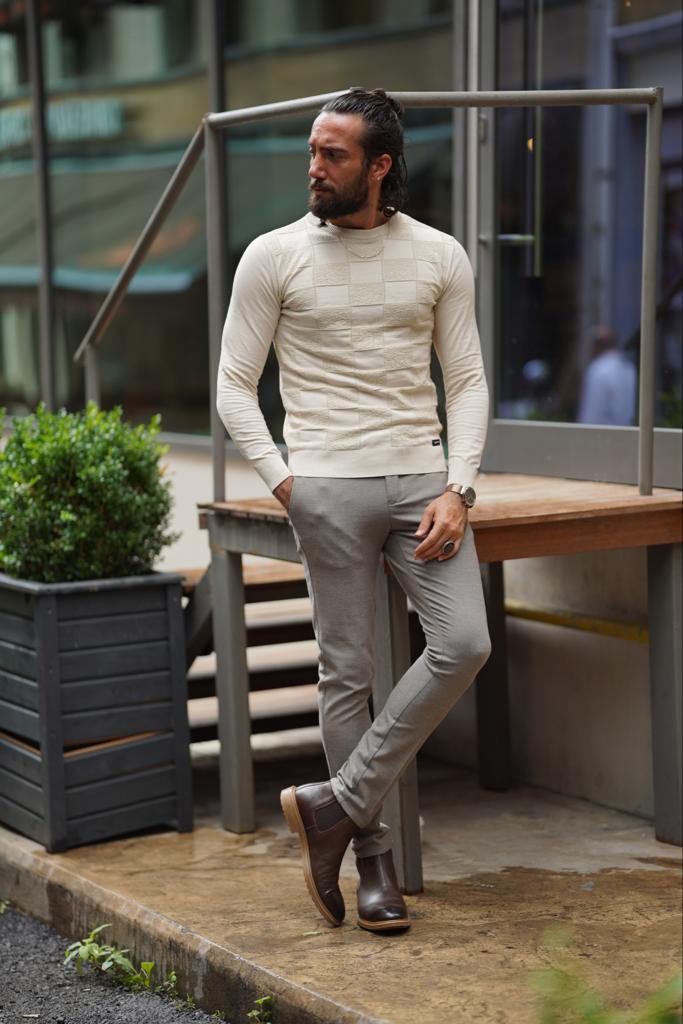Thread Slim Fit Custom Design Round Neck Beige Sweaters