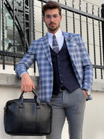 Load image into Gallery viewer, Bojoni Astoria Slim Fit Patterned Pointed Collared Light Navy Blue Plaid Suit
