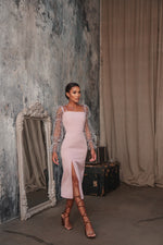 Load image into Gallery viewer, Bodycon Dress with Slit and Mesh Sleeves-baagr.myshopify.com-dress.-BOJONI
