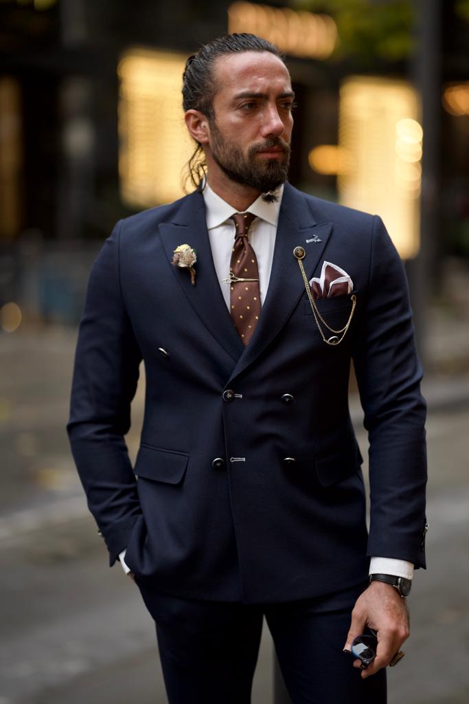 Bojoni Shagori Slim Fit Double Breasted Blue Detailed Suit | BOJONI