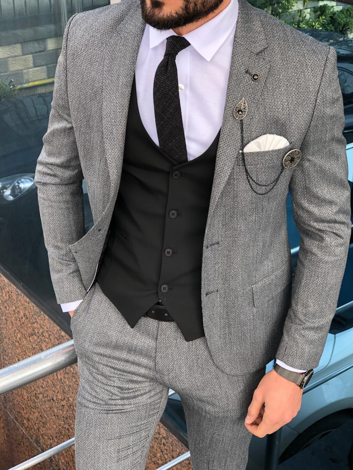 Slim-Fit Patterned Suit Vest Black-baagr.myshopify.com-suit-BOJONI