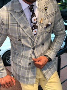 Slim-Fit Plaid  Double Breasted Jacket in Gray-baagr.myshopify.com-suit-BOJONI
