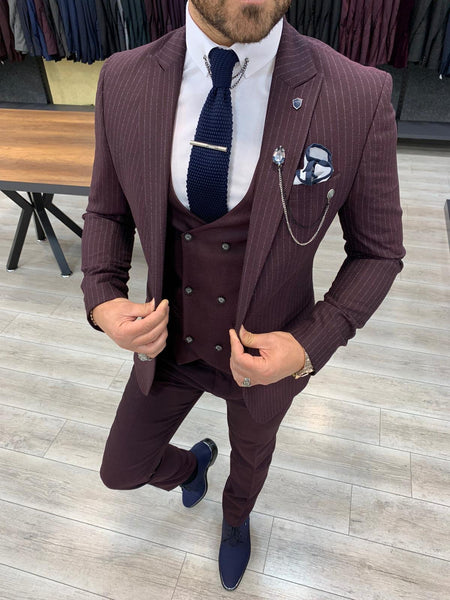 Rocca Burgundy Slim Fit Pinstripe Suit | BOJONI