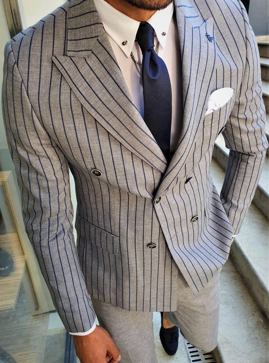 Bojoni Navy Blue Slim Fit Pinstripe Double Breasted Suit | BOJONI