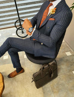 Load image into Gallery viewer, Genova Navy Blue Slim Fit Pinstripe Double Breasted Suit-baagr.myshopify.com-suit-BOJONI
